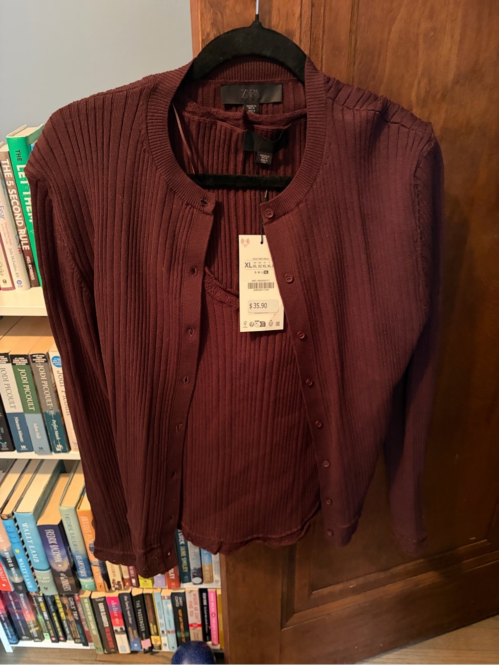 Zara Ribbed Cardigan and Tank Set - Brown - lace border